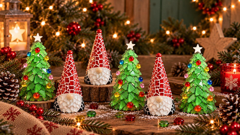 Mozaïekworkshop - Gnomen en kerstbomen 3D
